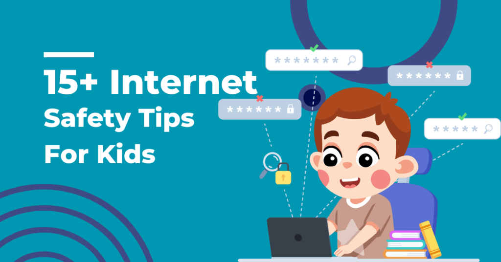 internet safety tips for kids, graphic of a kid using internet over laptop